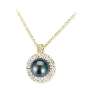 Contrast metal necklace-18K YELLOW GOLD PENDANT NECKLACE WITH DIAMONDS AND CENTER PEARL