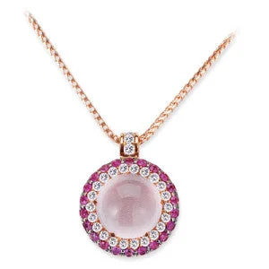 Fern vein necklace-18K Rose Gold Pendant Necklace With Diamonds Sapphires And Rose Quartz