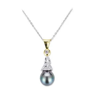 Engraved cut necklace-18K Two Tone Diamond Pendant Necklace With Dangle Pearl