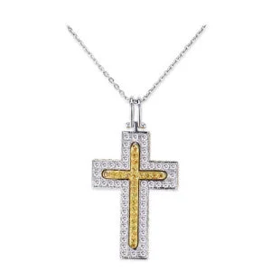 Scarlet topaz necklace-18K White Gold Cross Pendant Necklace With Diamonds And Sapphires