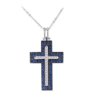 Orchid fluorite necklace-18K White Gold Cross Pendant Necklace With Blue Sapphires And Diamonds