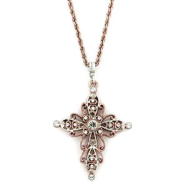 Iron forged necklace-1928 Jewelry Filigree Rose Gold Tone Crystal Cross Pendant Necklace 30"