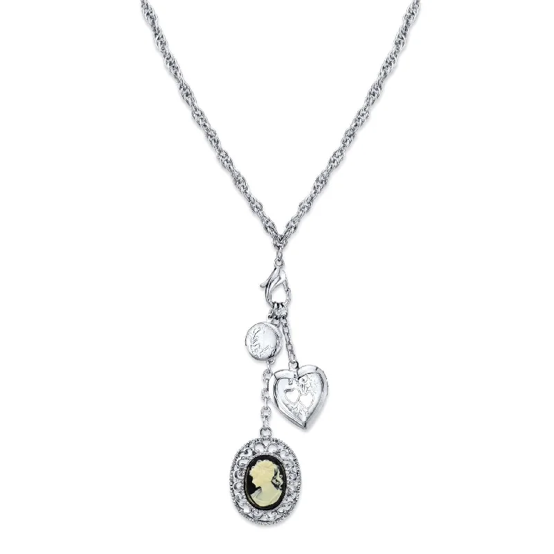 Embossed bar necklace-1928 Jewelry Heart And Black Oval Cameo Charm Pendant Necklace 26"