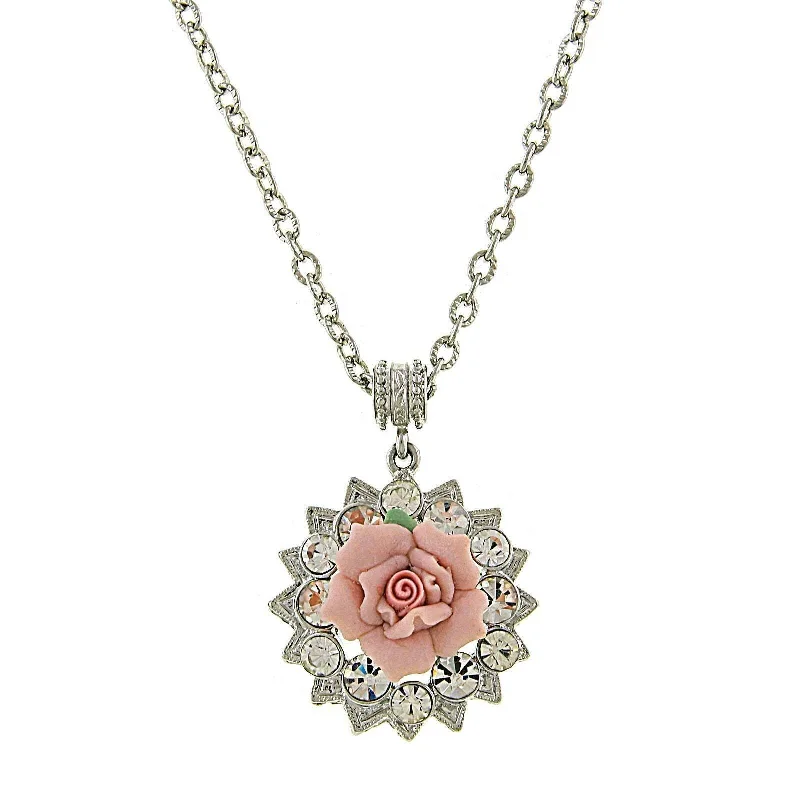 Briolette ruby necklace-1928 Jewelry Pink Porcelain Rose Crystal Accent Pendant Necklace 16" + 3" Extender