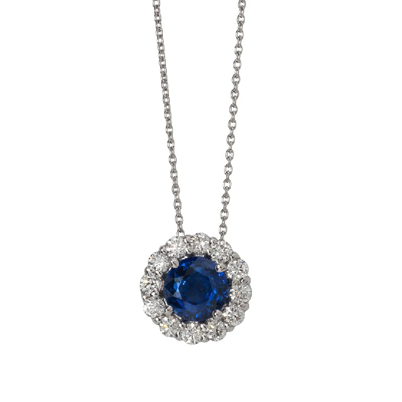 Chestnut husk necklace-2ct Sapphire & Diamond Halo 18K White Gold Pendant Necklace