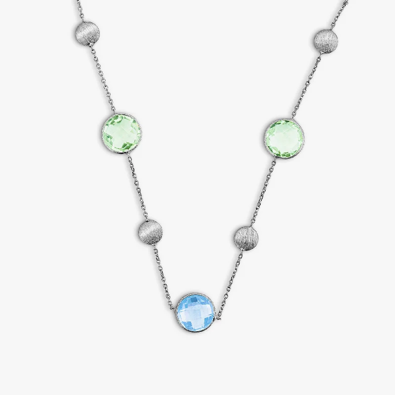 Ripple stripe necklace-9K satin white gold Kensington chain necklace with topaz and green amethyst