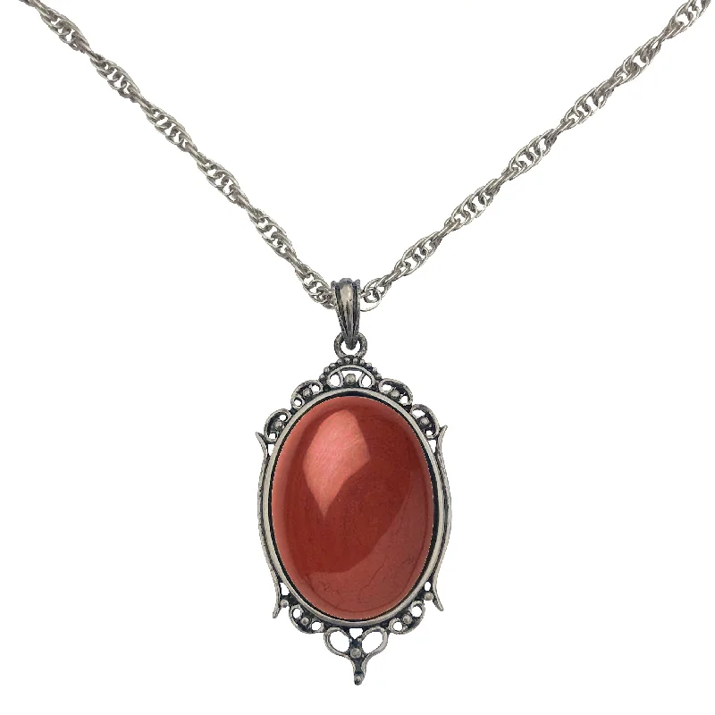 Ash pearl necklace-Antique Silver Red Jasper Gemstone Cabochon Pendant on Fancy Rope Chain Necklace, 24"