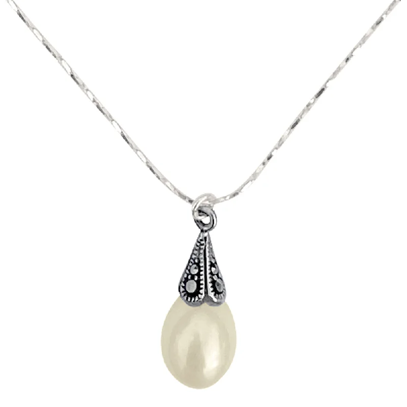 Crowned gem necklace-Antiqued Sterling Silver Marcasite Freshwater Pearl Pendant Delicate Chain Necklace, 18"