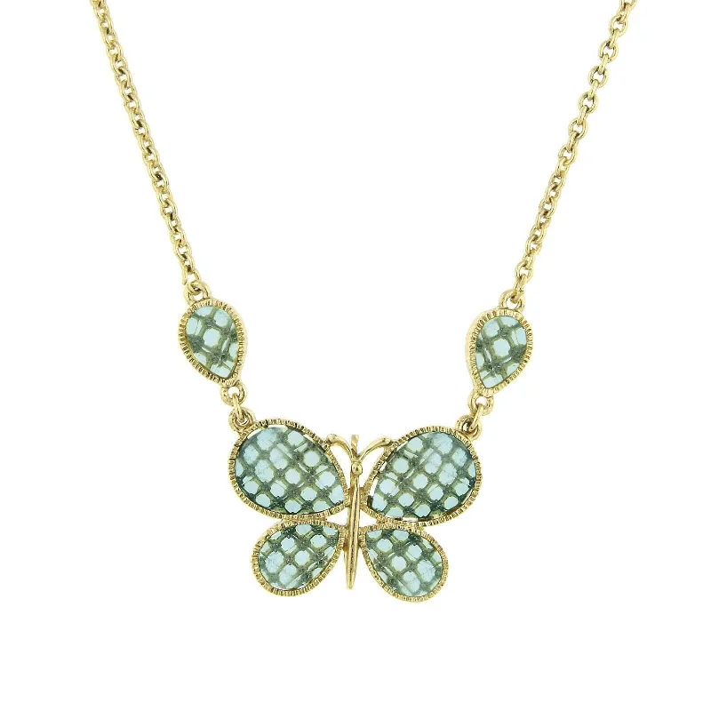 Hexagonal zircon necklace-1928 Jewelry Light Aqua Blue Faceted Butterfly Pendant Necklace 16" + 3" Extender