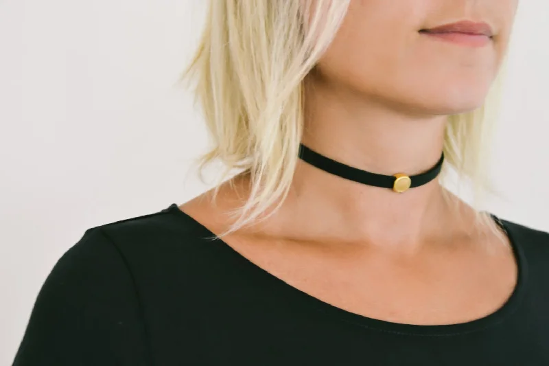 Shaved chain necklace-Black strap choker necklace with a gold round bead, gift for her