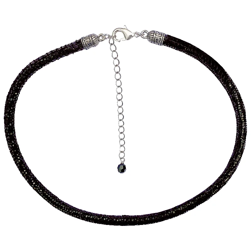 Prairie grass necklace-Black Leather Sparkly Snakeskin Choker Necklace with Silver Extender Chain & Swarovski Crystal