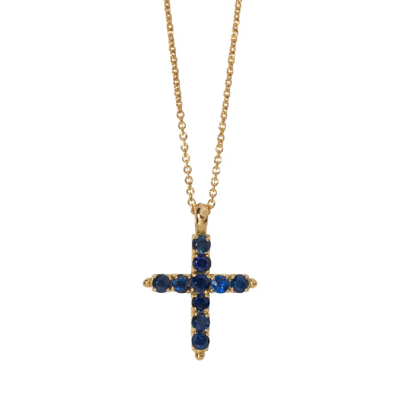 Canvas wrap necklace-Blue Sapphire Cross 18K Gold Pendant Necklace