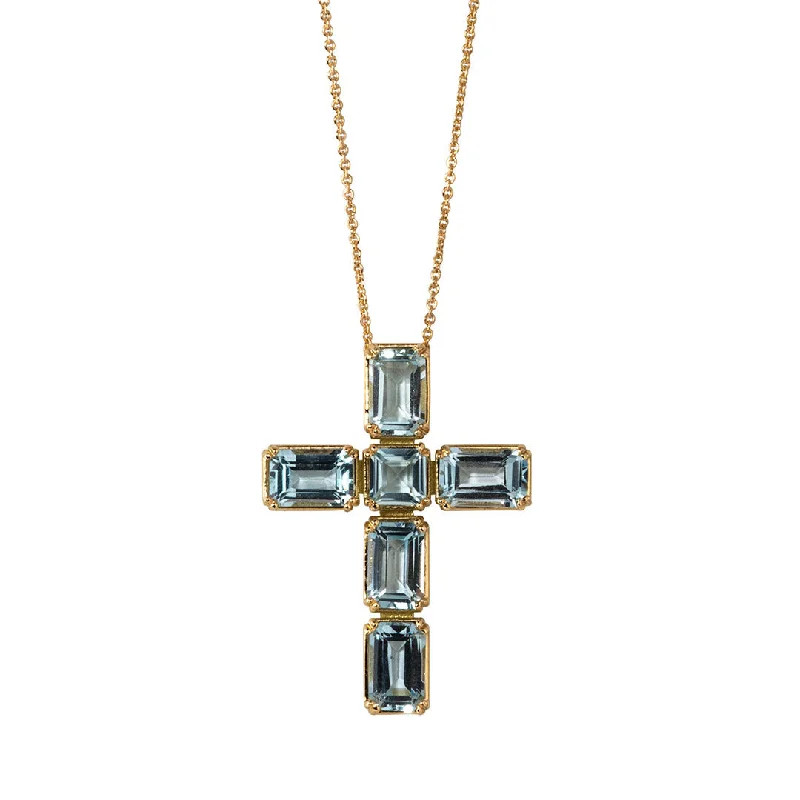 Shoreline wave necklace-Blue Topaz Cross 18K Gold Pendant Necklace