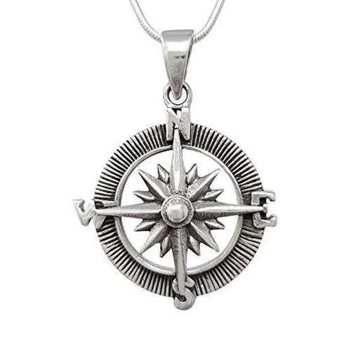 Faded stripe necklace-Silver Compass Pendant Chain For Women And Men