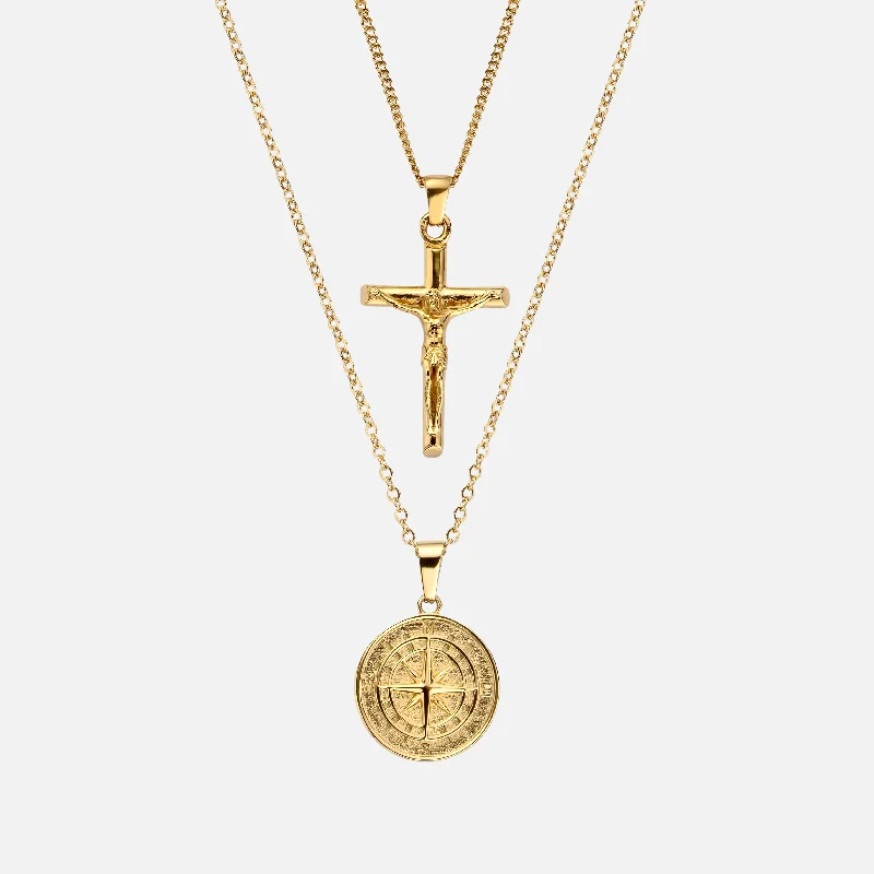 Sisal wrap necklace-COMPASS & CRUCIFIX PENDANT SET - GOLD