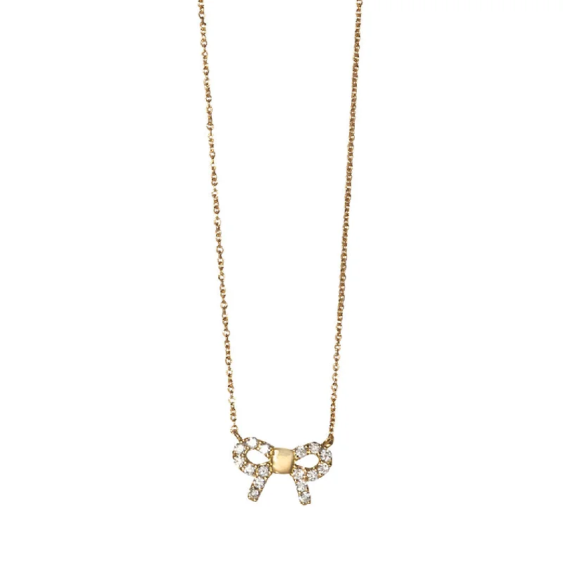 Frosted glass necklace-Diamond 18K Gold Mini Bow Pendant Necklace