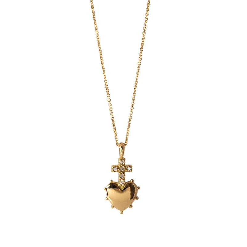 Grooved edge necklace-Diamond Cross Heart 18K Gold Mini Pendant Necklace