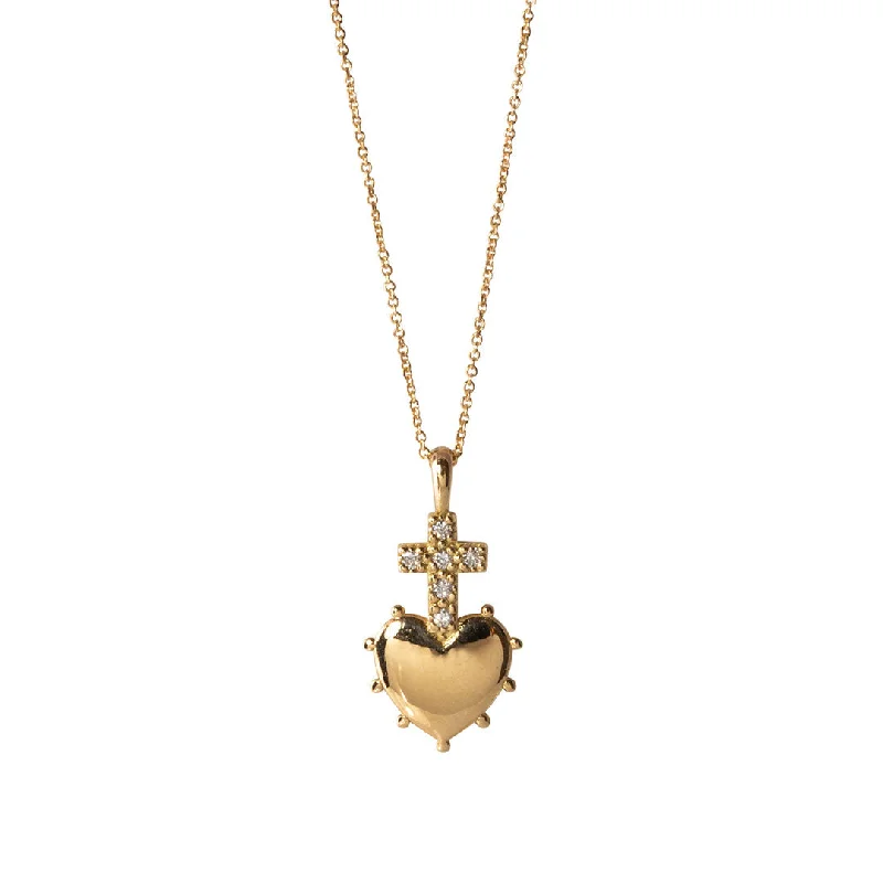 Lattice texture necklace-Diamond Cross Heart 18K Gold Small Pendant Necklace