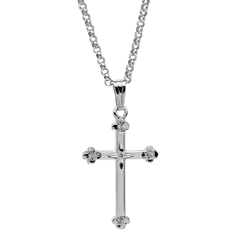 Petrified stone necklace-Diamond Sterling Silver Budded Cross Pendant Necklace