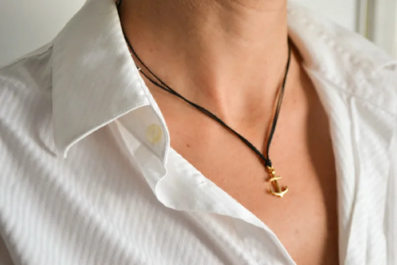 Nordic braid necklace-Gold anchor necklace with a black cord, gift for her, handmade