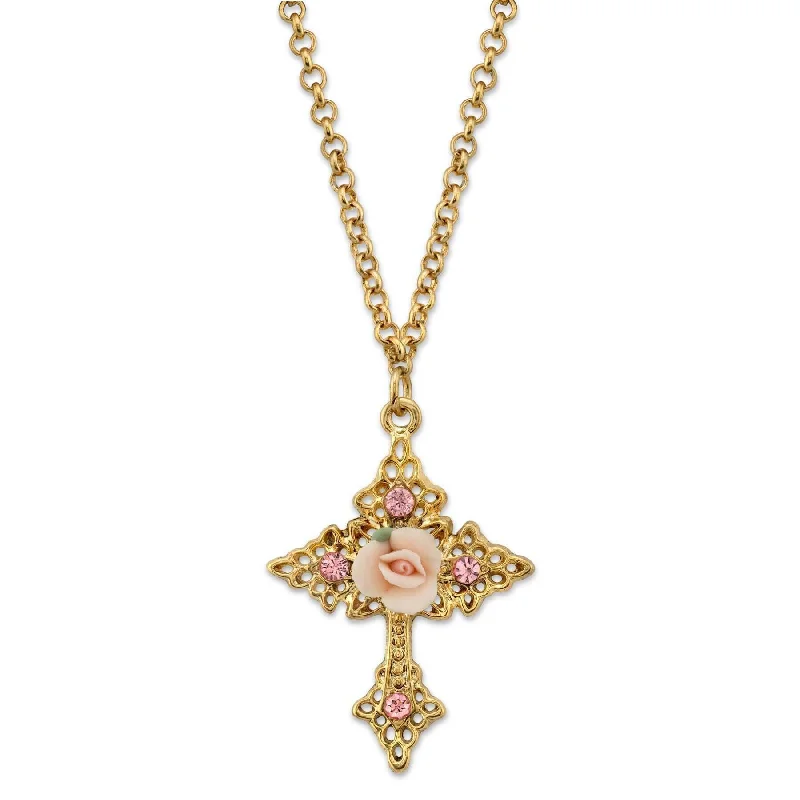 Hittite charm necklace-1928 Jewelry Porcelain Rose Cross Filigree Pendant Necklace 18" + 3" Extender