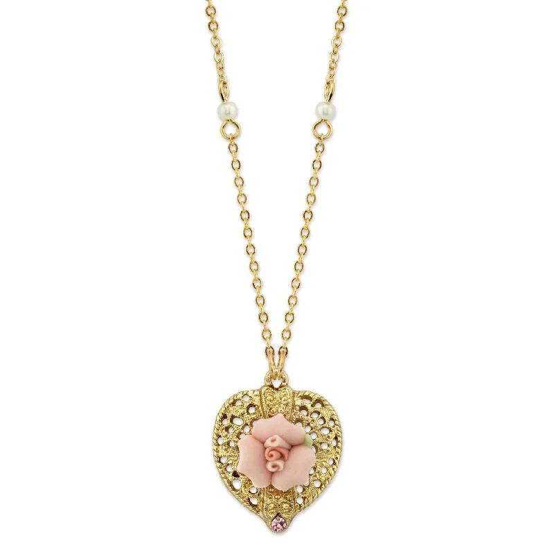 Pointed edge necklace-1928 Bridal Pink Crystal Heart And Pink Porcelain Rose Filigree Pendant Necklace 16" + 3" Extender