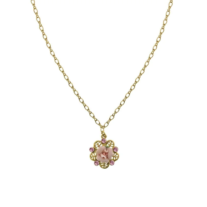 Tin toned necklace-1928 Bridal Pink Crystal And Porcelain Rose Filigree Pendant Necklace 16" + 3" Extender