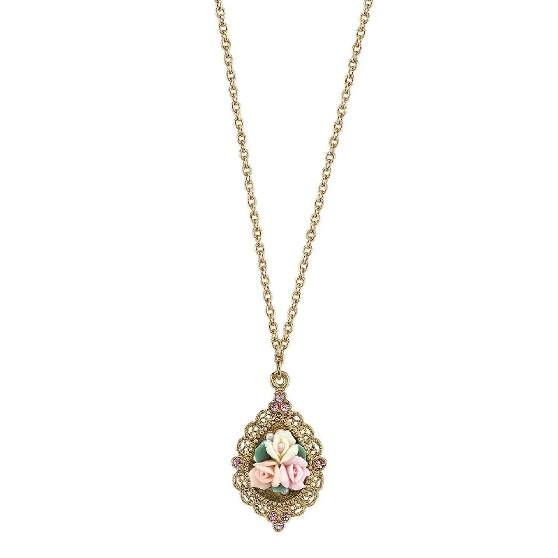 Natural finish necklace-1928 Bridal Pink Crystal And Ivory And Pink Porcelain Rose Pendant Necklace 16" + 3" Extender