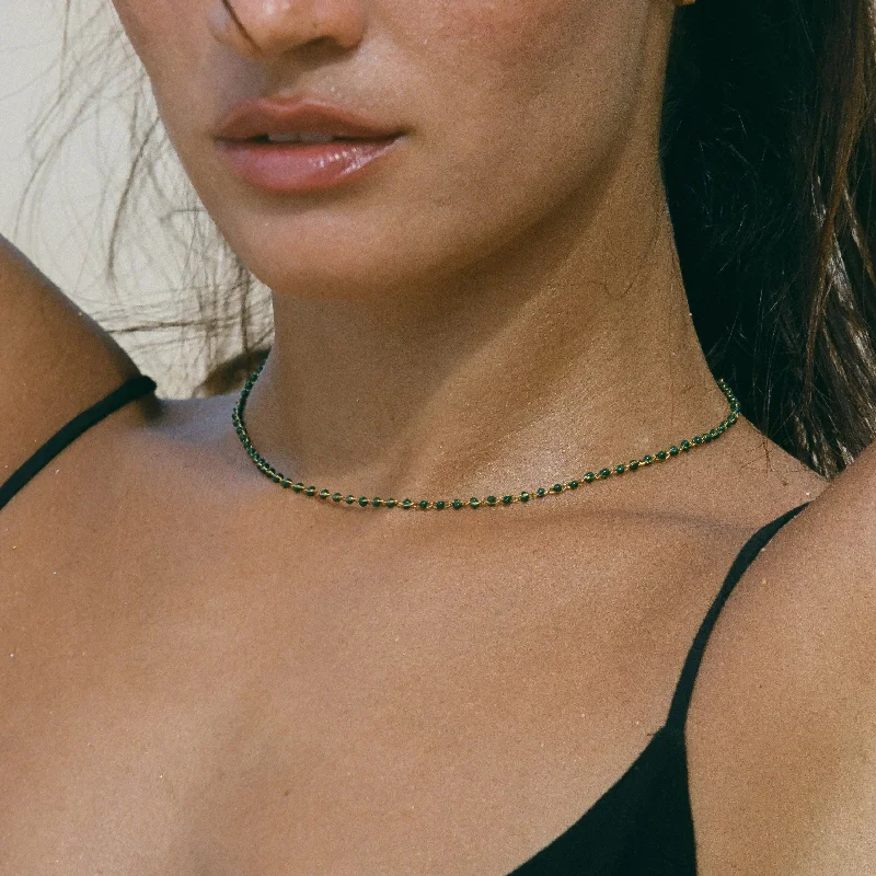 Linked chain necklace-Green Beaded Choker