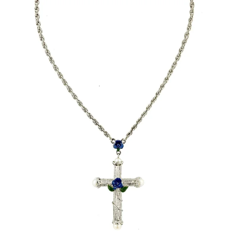 Matte stone necklace-1928 Jewelry Blue Rose Enamel Cross Pendant Necklace 30"