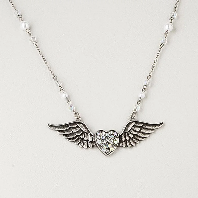 Flex joint necklace-Heart with Wings Pendant on Extra Long Crystal Necklace Chain