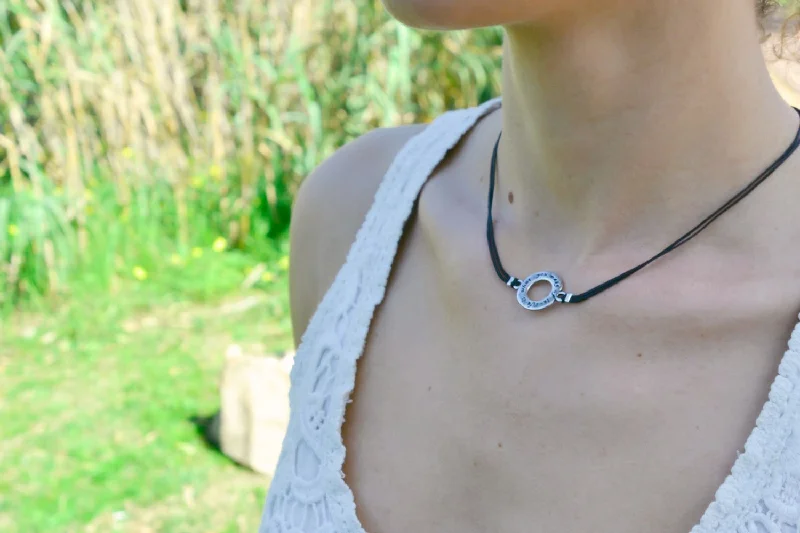 Zinc finish necklace-Life is what you make of it - black choker necklace, silver circle, gift for her