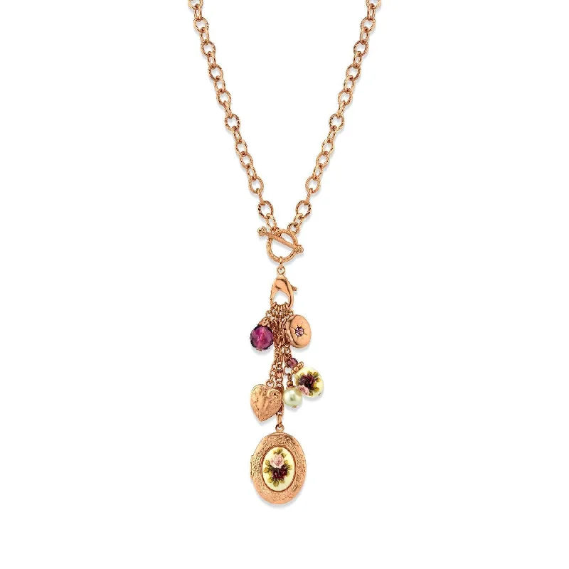 Droplet stone necklace-1928 Jewelry Manor House Pink Purple Rose Crystal Heart And Locket Charm Toggle Necklace 20"