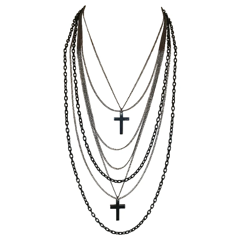 Kelp frond necklace-Deluxe Gothic 80's Madonna Retro Multilayer Gunmetal Crosses Long Multi Strand Black Chain Necklace