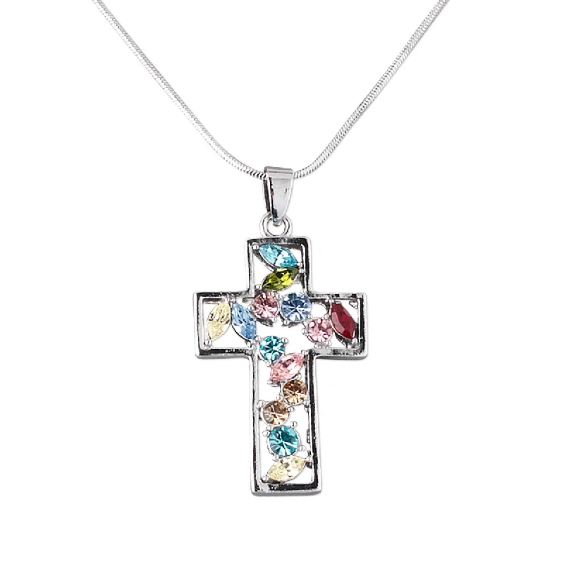 Contrast metal necklace-Multicolor Czech Glass Rhinestone Silvertone Cross Pendant on Snake Chain Necklace