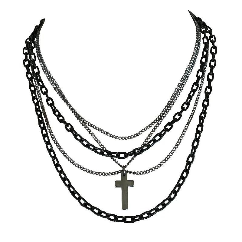 Prairie style necklace-Multilayer Gothic 80s Retro Black and Gunmetal Chain Fashion Necklace with Cross