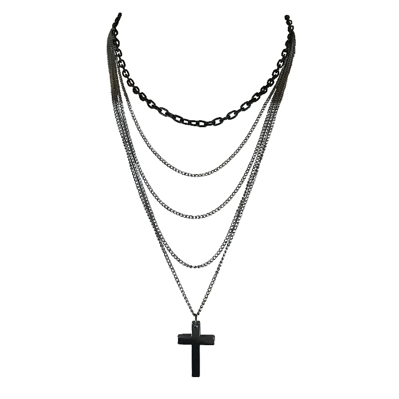 Prairie grass necklace-Multilayer Gothic Retro 80s Black & Gunmetal Long Chain Cross Necklace