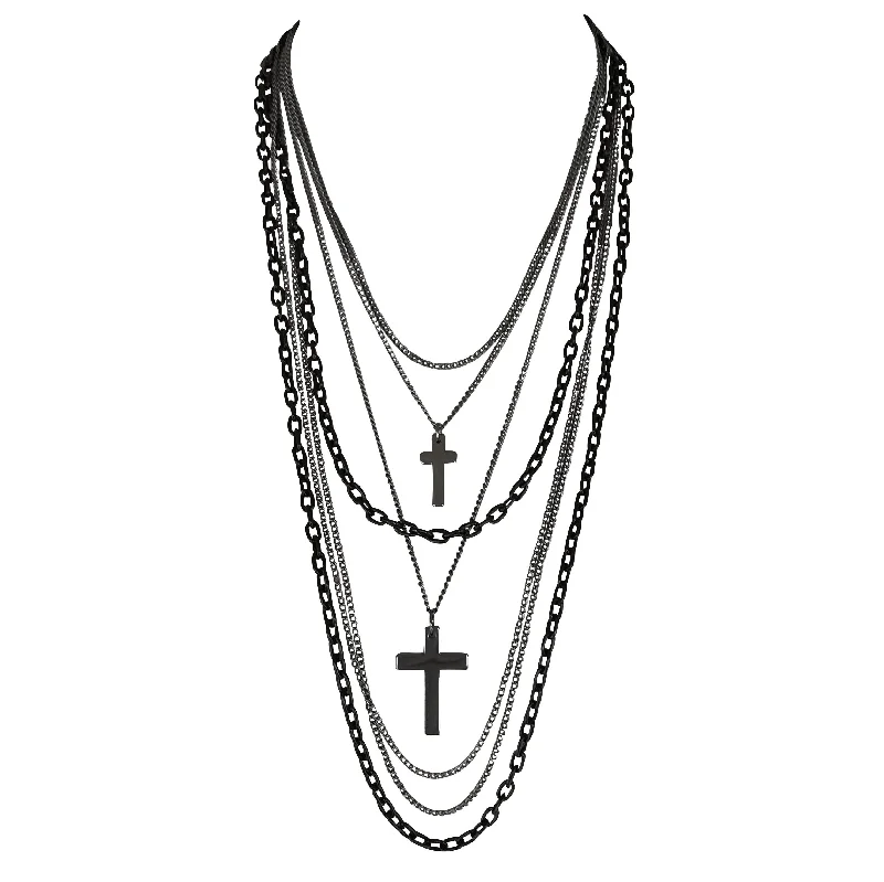 Stellar glow necklace-Deluxe Gothic Crosses Retro 80s Madonna Multilayer Black & Gunmetal Chain Long Multi Strand Necklace