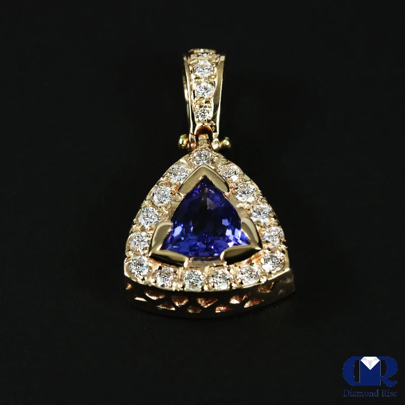 Medieval style necklace-Natural 1.42 Ct Trillion Tanzanite & Round Diamond Pendant Necklace 14KYG