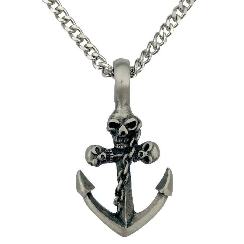 Nordic braid necklace-Pewter Anchor with Gothic Skulls Pendant with Extra Large Bail, on Men's Heavy Curb Chain Necklace, 24"