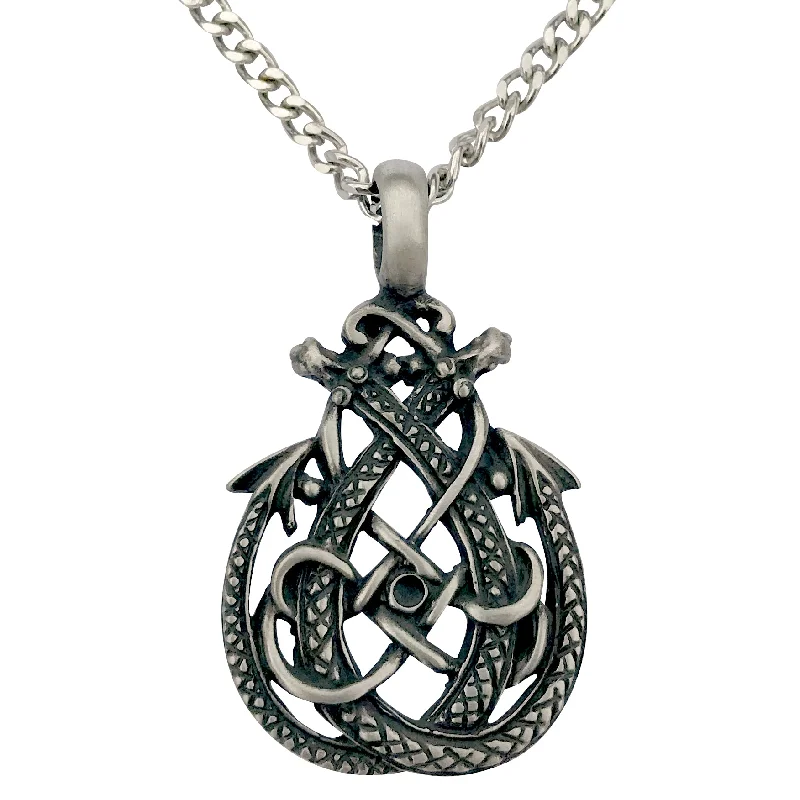 Tiered stone necklace-Pewter Celtic Double Dragon Pendant with Extra Large Bail, on Men's Heavy Curb Chain Necklace, 24"