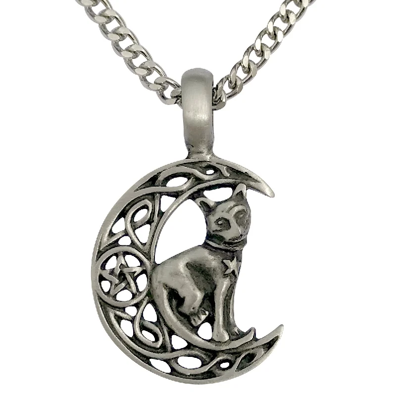 Grainy texture necklace-Pewter Celtic Moon Cat Pendant with Extra Large Bail, on Men's Heavy Curb Chain Necklace, 24"