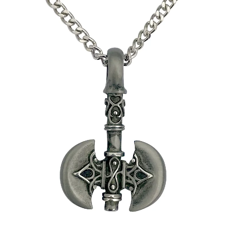 Smoky glass necklace-Pewter Double Sided Axe Pendant with Extra Large Bail, on Men's Heavy Curb Chain Necklace, 24"