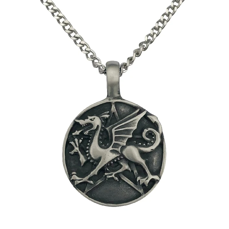 Fractured gem necklace-Pewter Dragon Pentagram Pendant with Extra Large Bail, on Men's Heavy Curb Chain Necklace, 24"