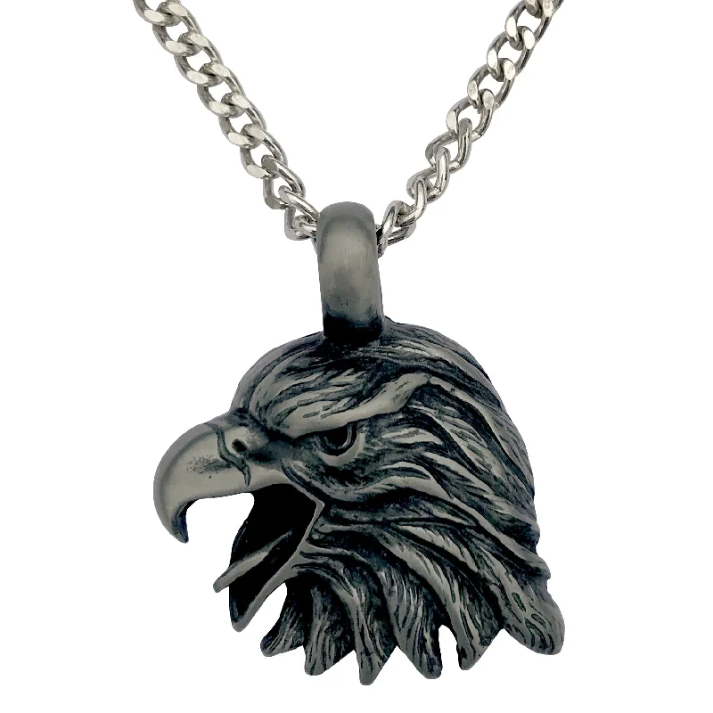 Tarnished finish necklace-Pewter Eagle Head Pendant with Extra Large Bail, on Men's Heavy Curb Chain Necklace, 24"