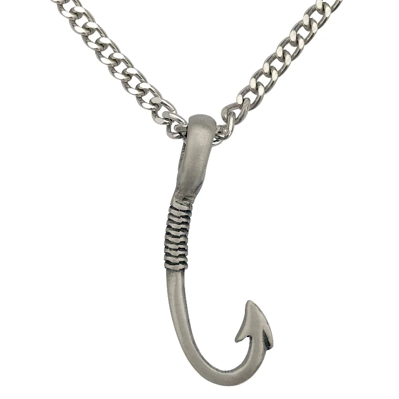 Archaic necklace-Pewter Fish Hook Fishing Pendant with Extra Large Bail, on Men's Heavy Curb Chain Necklace, 24"