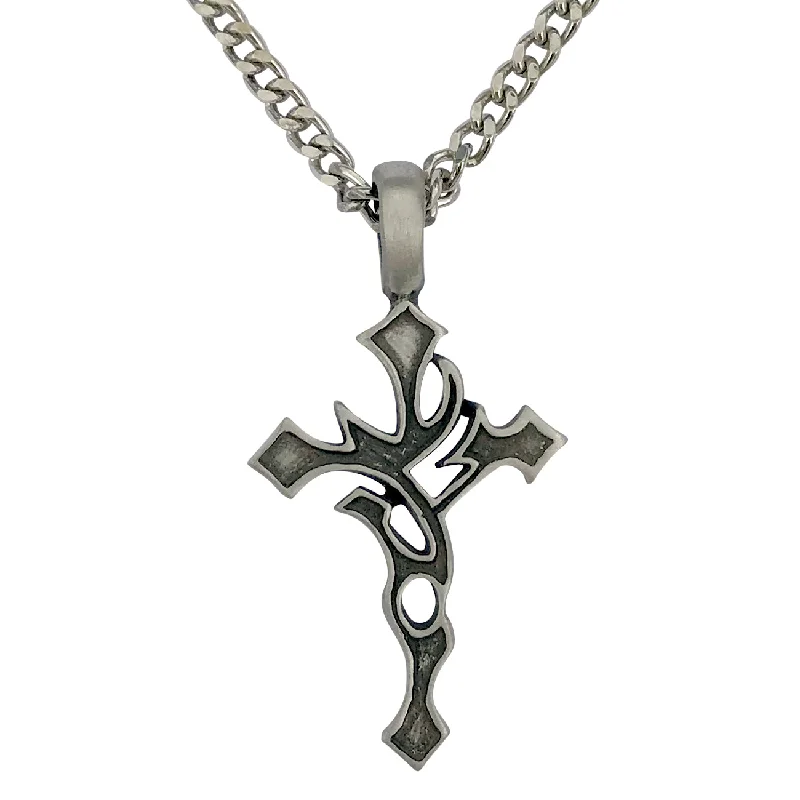 Elder twig necklace-Pewter Gothic Tribal Cross Pendant with Extra Large Bail, on Men's Heavy Curb Chain Necklace, 24"