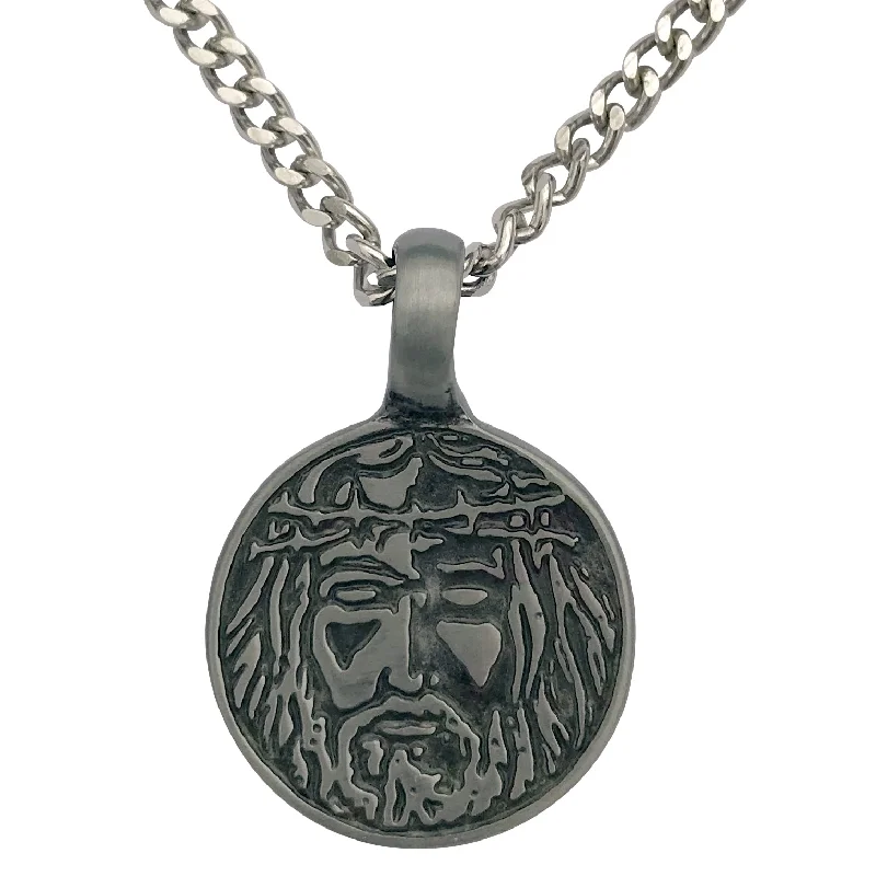 Creeper vine necklace-Pewter Jesus Christ Face Pendant with Extra Large Bail, on Men's Heavy Curb Chain Necklace, 24"