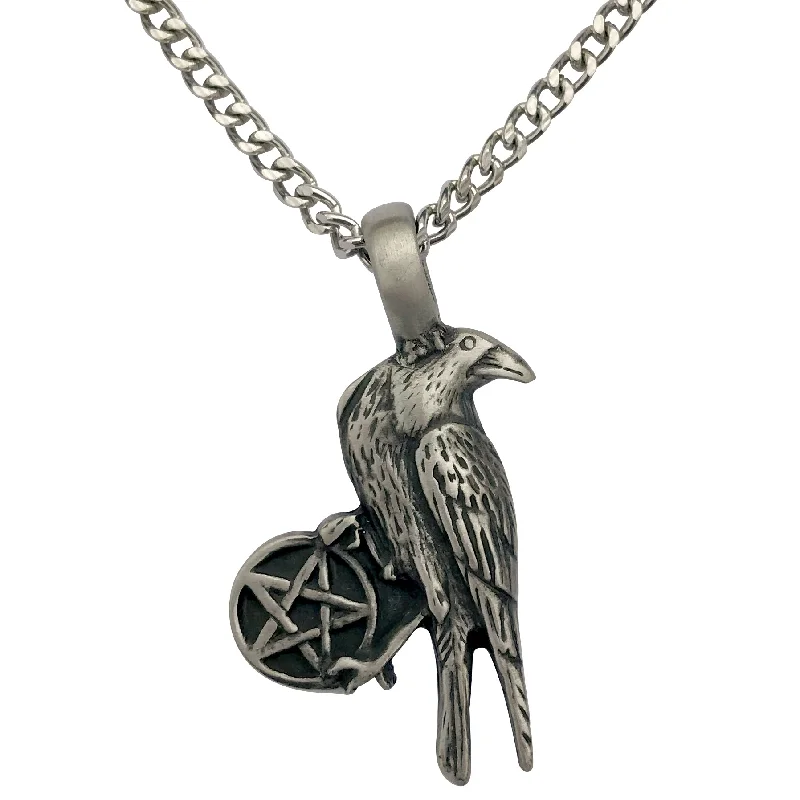 Copper cast necklace-Pewter Gothic Raven Pentagram Pendant with Extra Large Bail, on Men's Heavy Curb Chain Necklace, 24"