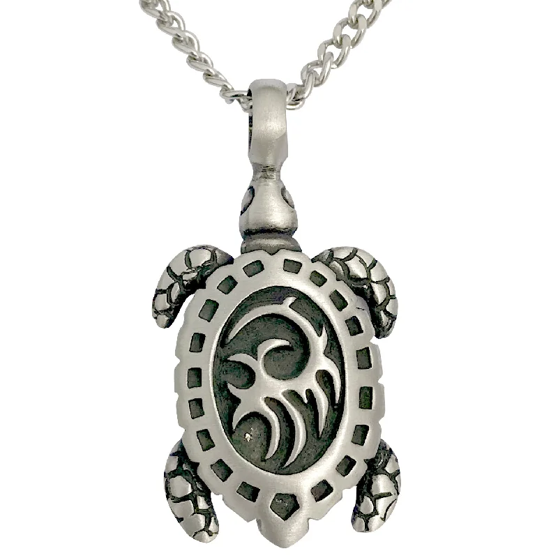 Grid weave necklace-Pewter Sea Turtle Tribal Pendant with Extra Large Bail, on Men's Heavy Curb Chain Necklace, 24"